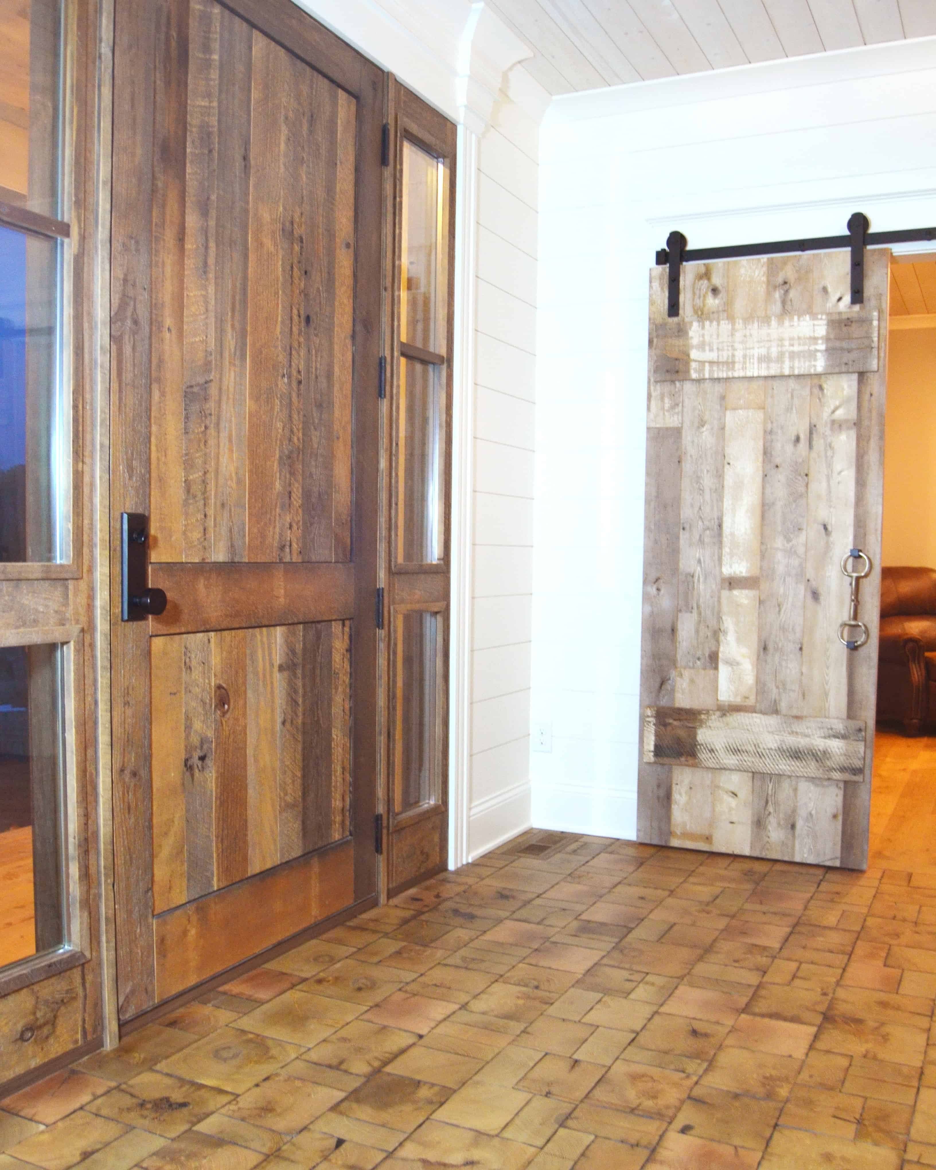 Faded White Interior Office Barn Doors + Reclaim Faded Brown Oak/Faded Red (exterior) Exterior door + ceiling + Reclaim End Grain Block flooring